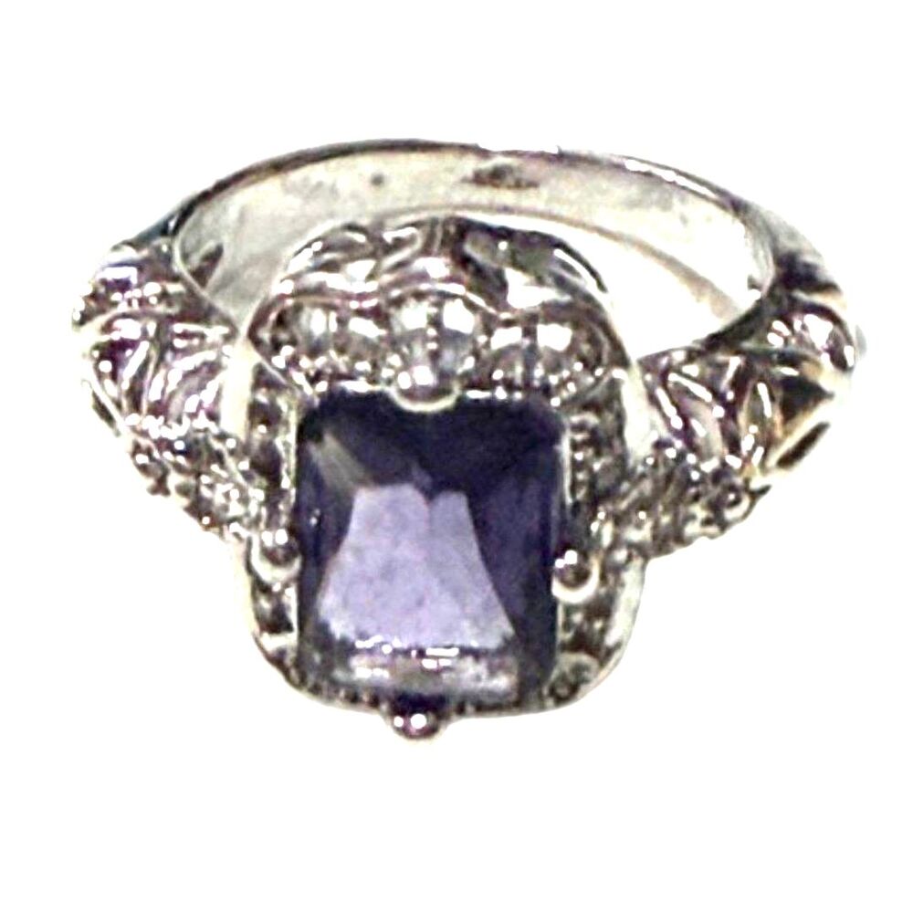Purple Stone Statement Ring Size 6 Silver Tone Vintage Style Fashion Ring